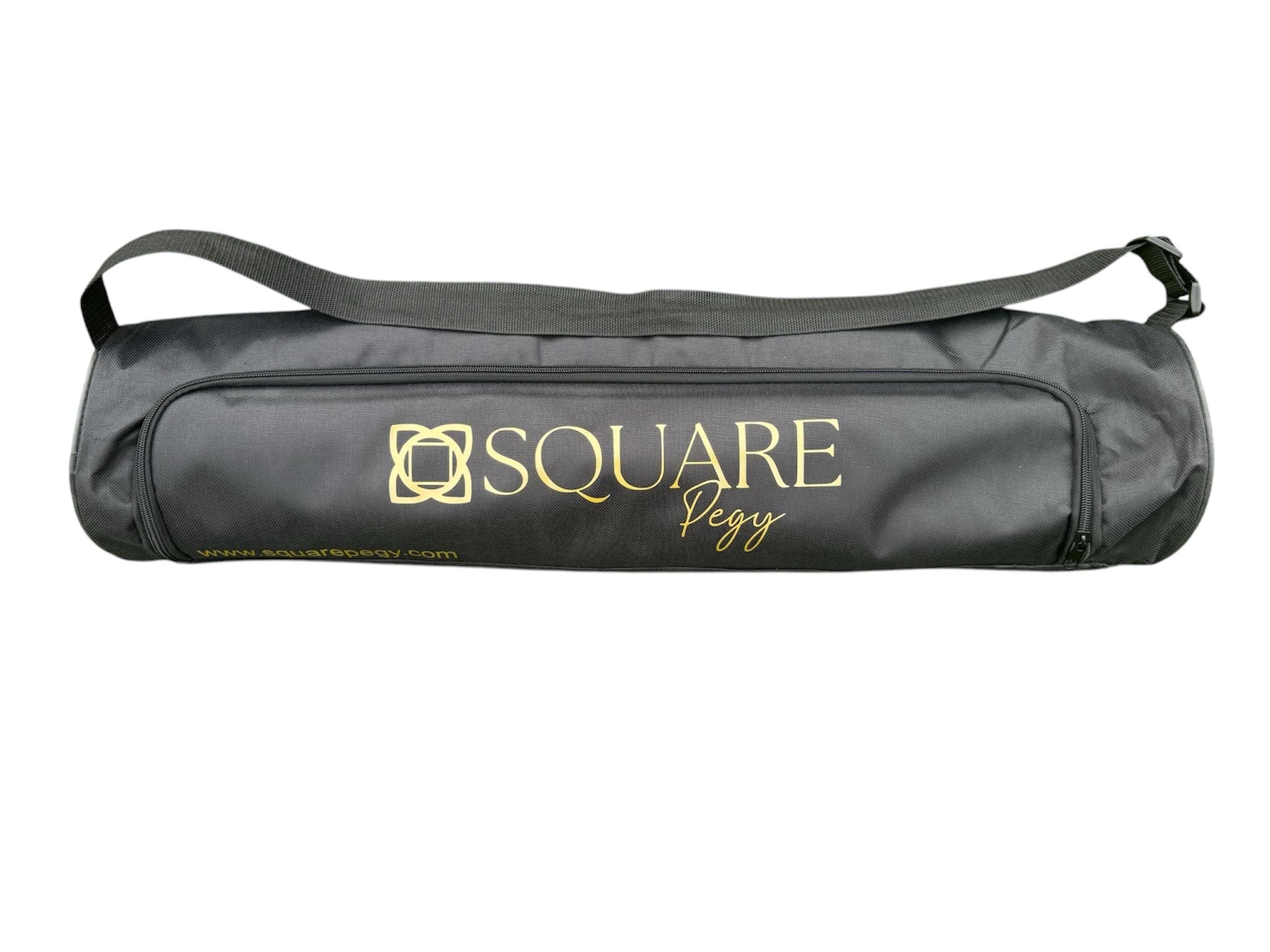 Black and gold yoga mat carry bag with adjustable shoulder strap, fits all standard mats

