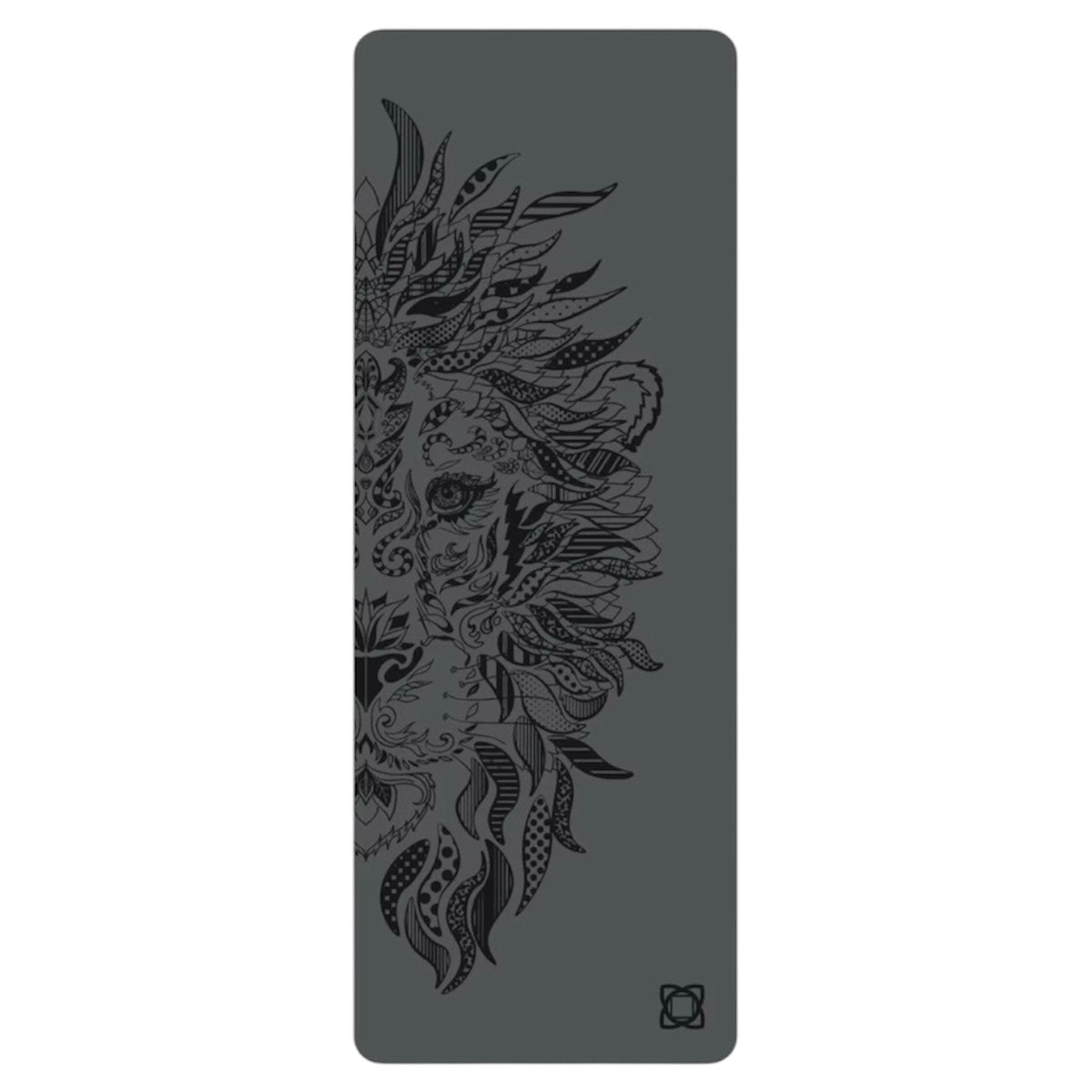 Lion design PU rubber yoga mat in Dark grey with Black lion graphic, non-slip surface for yoga and Pilates