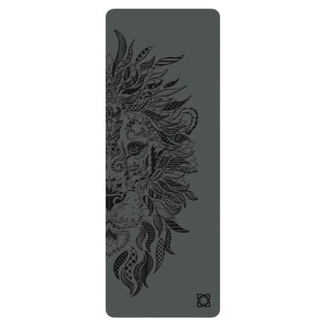 Lion design PU rubber yoga mat in Dark grey with Black lion graphic, non-slip surface for yoga and Pilates