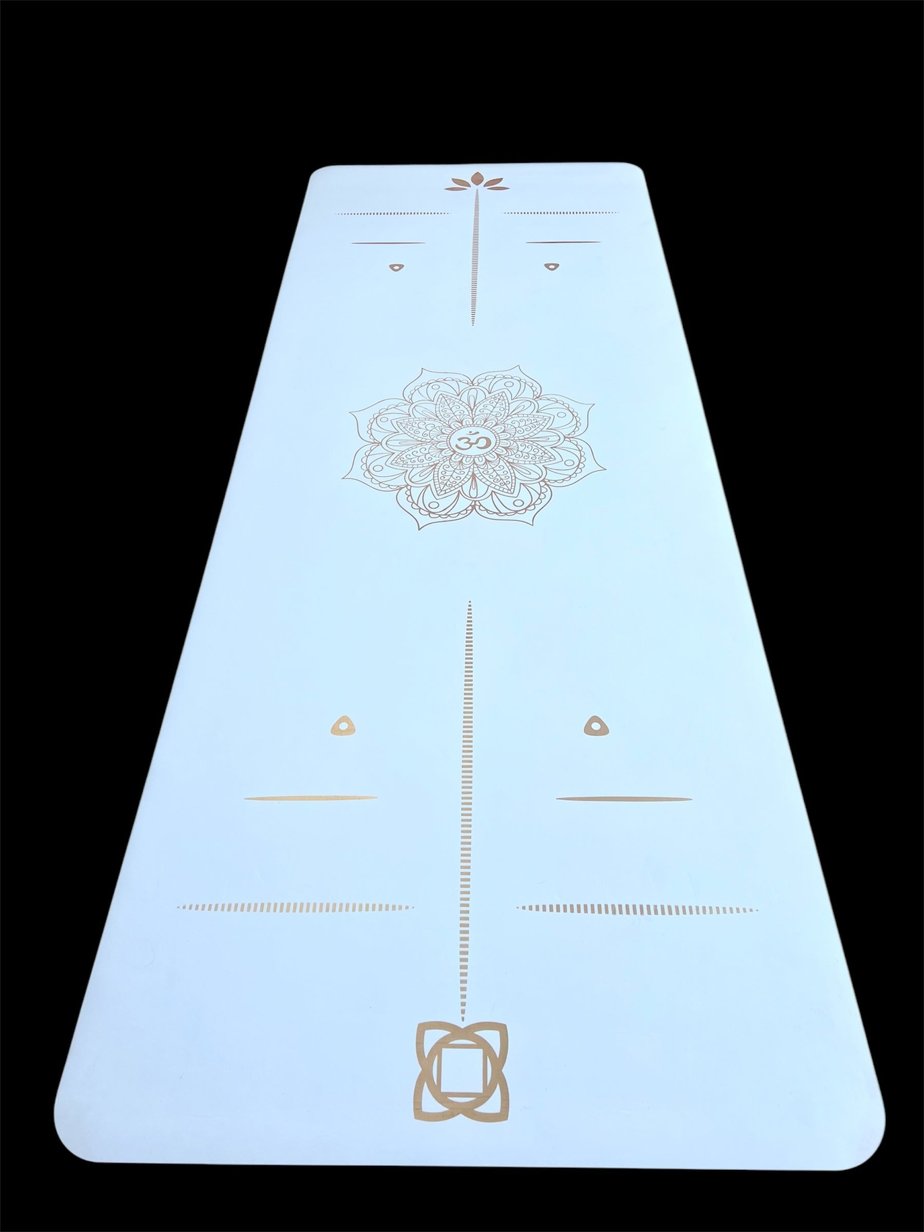 White PU rubber yoga mat with gold lotus flower and OM symbol design, eco-friendly non-slip surface