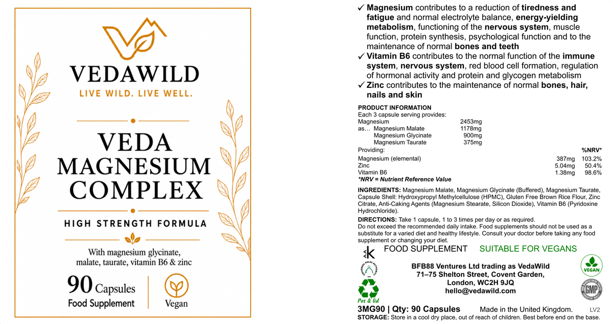 Existing VEDA Magnesium Complex label with ingredients, quantities, directions and storage
